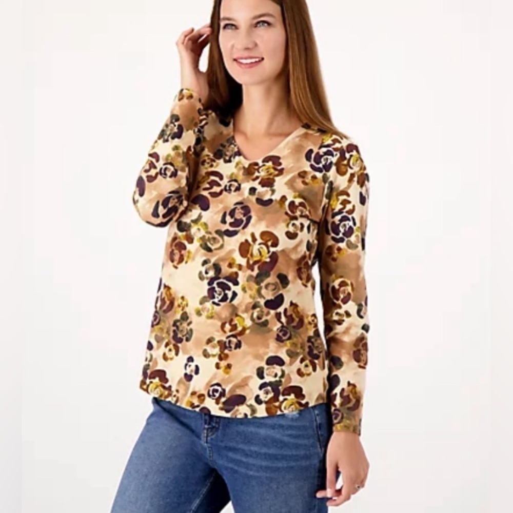 Denim & Co. Printed Perfect Jersey V-Neck Curved Hem Top Beige 5X NWOT